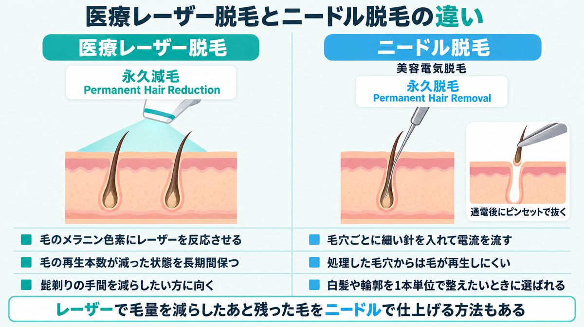 医療レーザー脱毛とニードル脱毛の違い|永久減毛と永久脱毛の比較図