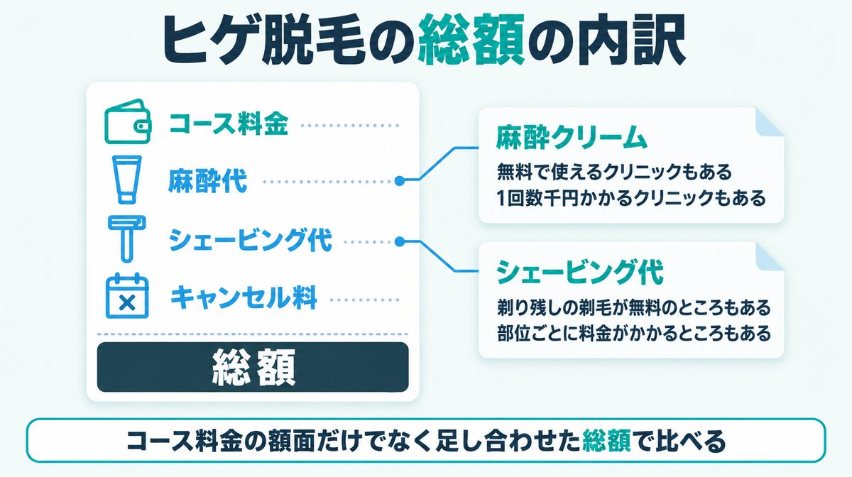 ヒゲ脱毛の総額の内訳|コース料金・麻酔代・シェービング代・キャンセル料の解説図