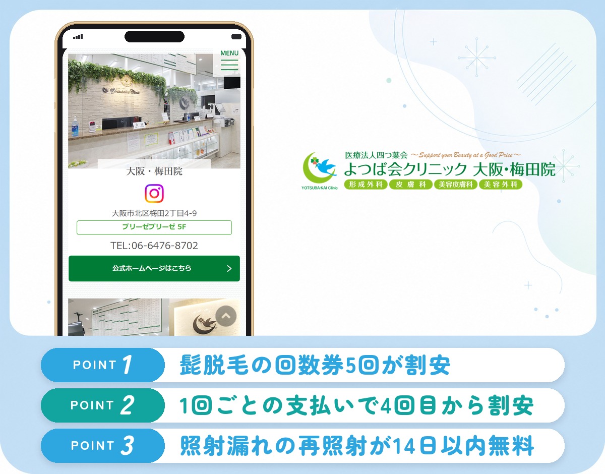 よつば会クリニック大阪・梅田院のヒゲ脱毛の特徴まとめバナー