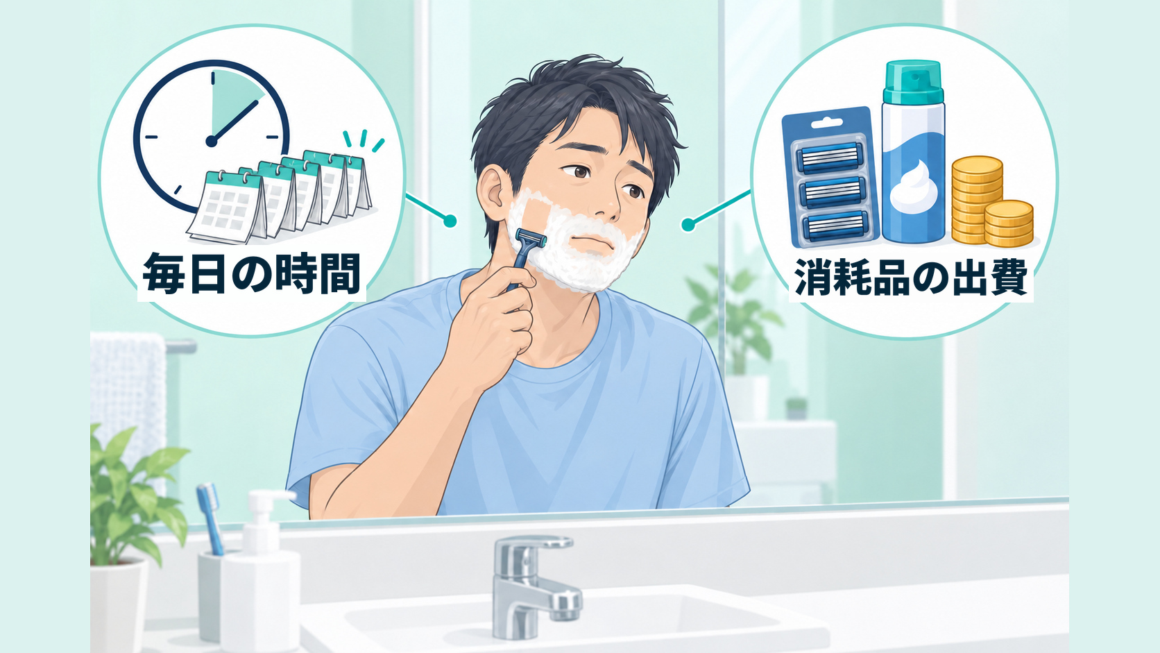 毎日のヒゲ剃りにかかる時間と消耗品の出費を示したイラスト