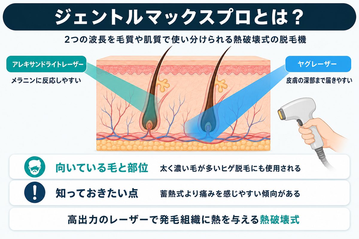 ジェントルマックスプロとは｜アレキサンドライトレーザーとヤグレーザーを搭載した熱破壊式の医療レーザー脱毛機の解説図