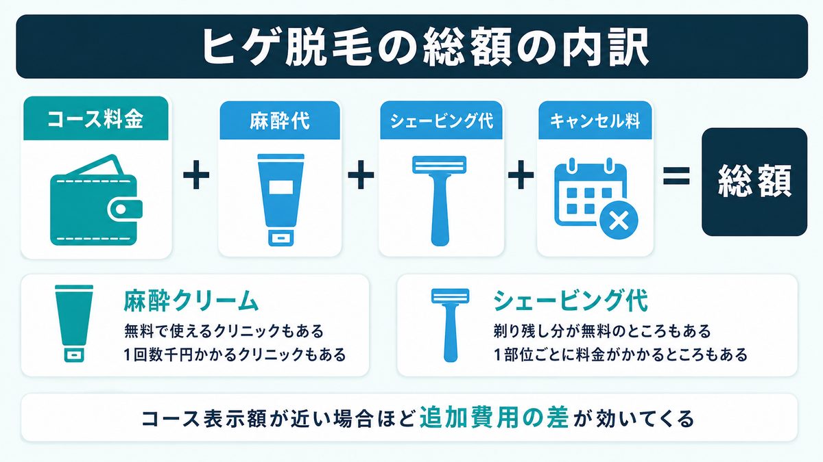 ヒゲ脱毛の総額の内訳｜コース料金と麻酔代・シェービング代・キャンセル料の解説図