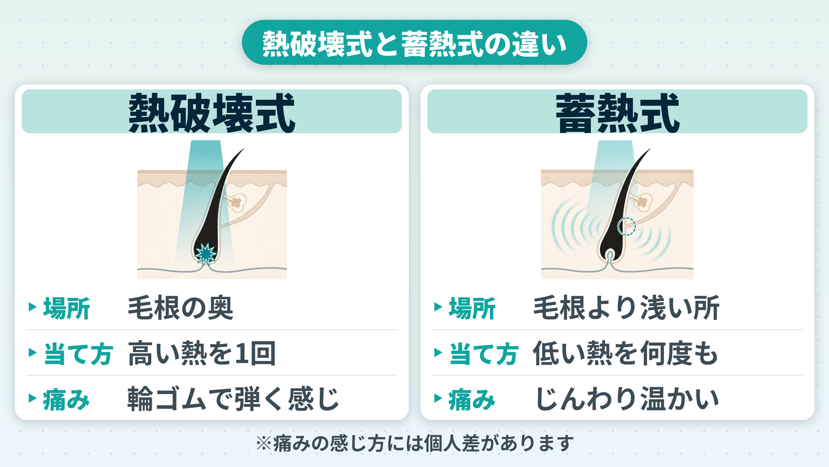 熱破壊式と蓄熱式で熱を当てる場所と当て方の違いを示した図