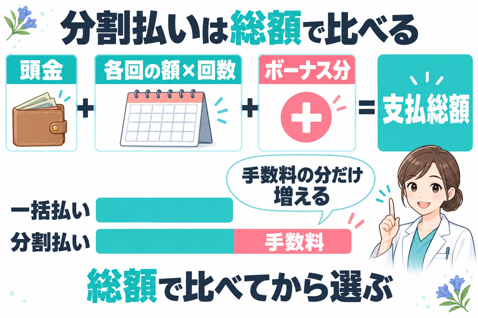 分割払いの支払総額は頭金と各回の支払額と回数とボーナス分の合計で決まり一括払いより手数料の分だけ増えることを示す図