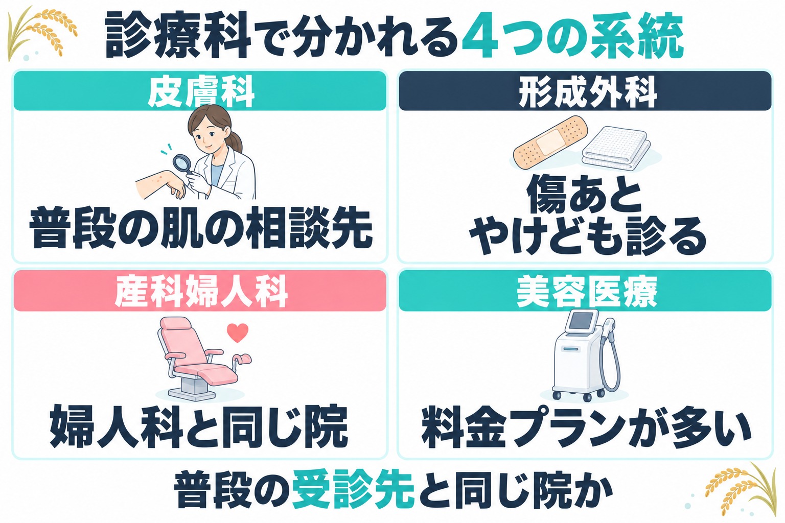 新潟の医療脱毛クリニックは皮膚科と形成外科と産科婦人科と医療脱毛を中心とする美容医療の4つの系統に分かれることを示す図