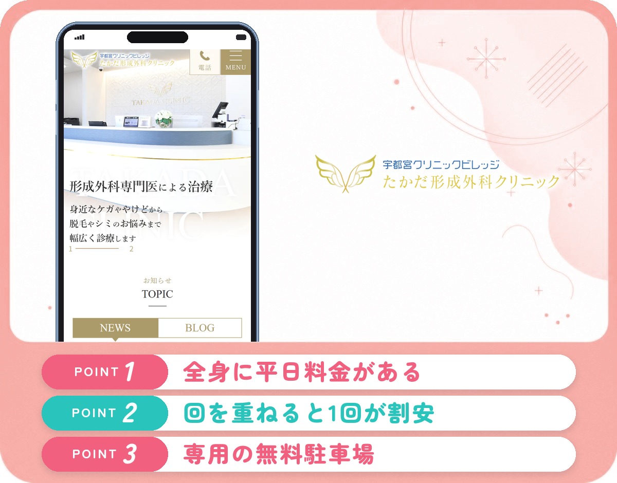 たかだ形成外科クリニックの医療脱毛の特徴をまとめたバナー