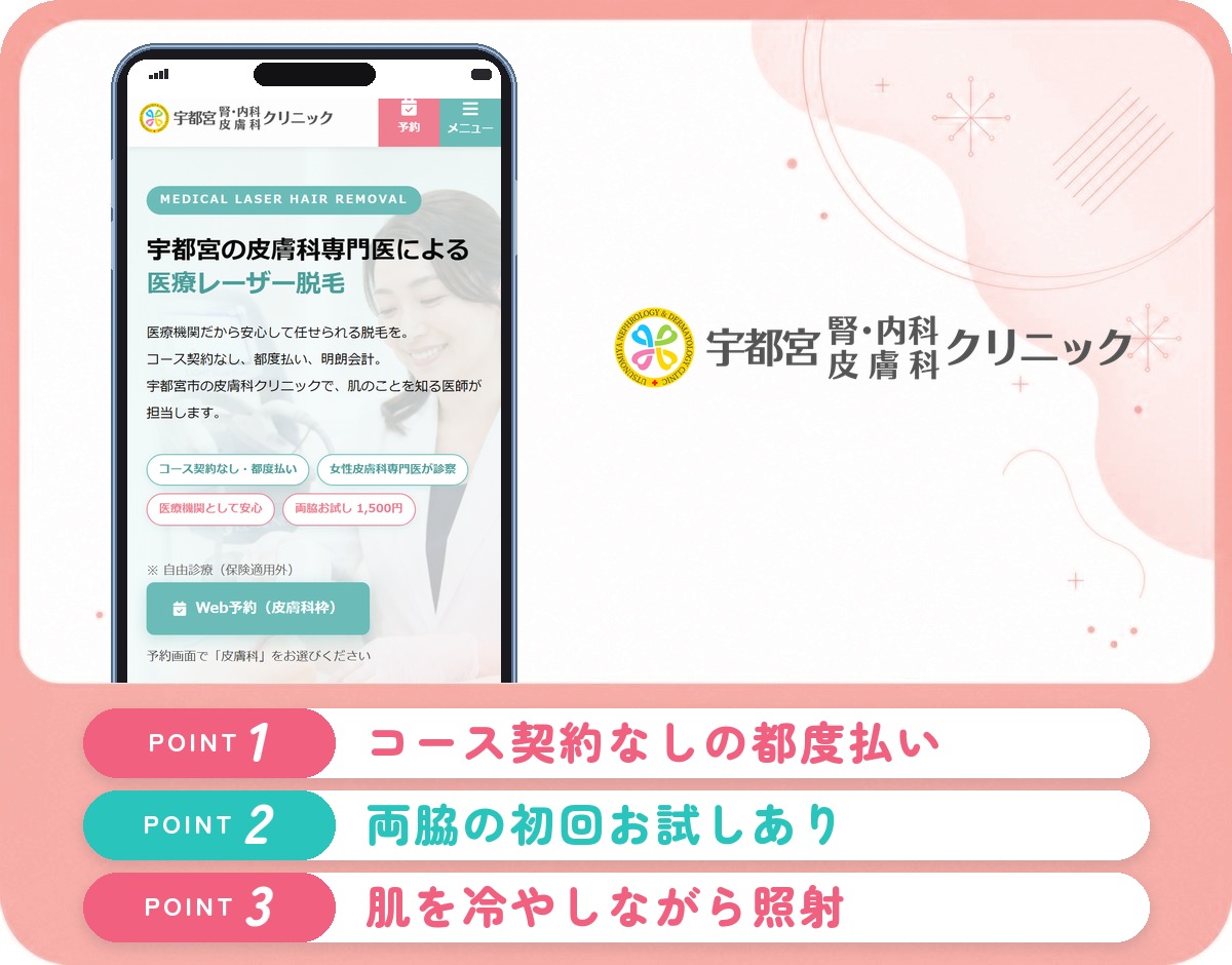 宇都宮腎内科皮膚科クリニックの医療脱毛の特徴をまとめたバナー
