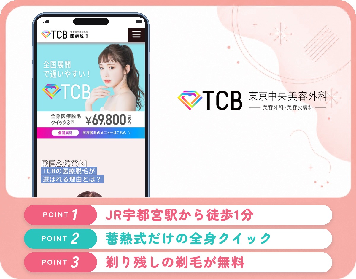 TCB東京中央美容外科宇都宮院の医療脱毛の特徴をまとめたバナー