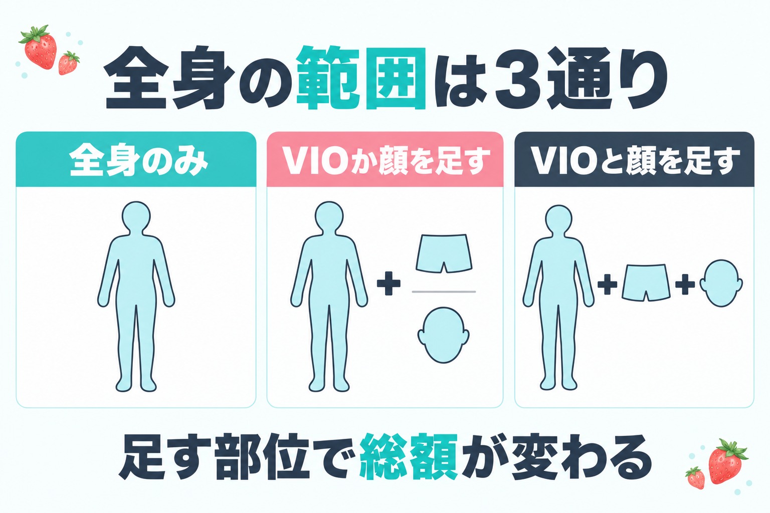 宇都宮の医療脱毛の全身プランは全身だけかVIOか顔を足すか両方を足すかで範囲が分かれ足す部位で総額が変わることを示す図