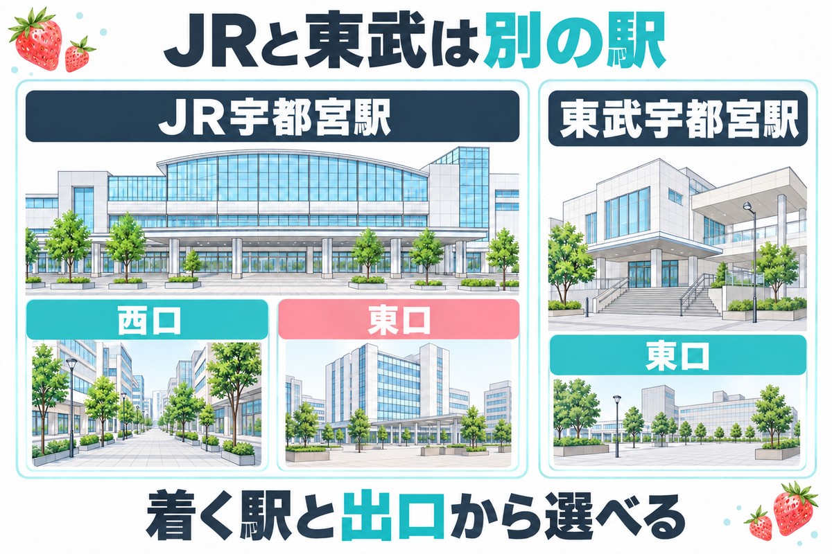 JR宇都宮駅と東武宇都宮駅は別の駅であり、JRの西口・東口と東武の東口を確認して通院先を選ぶ図