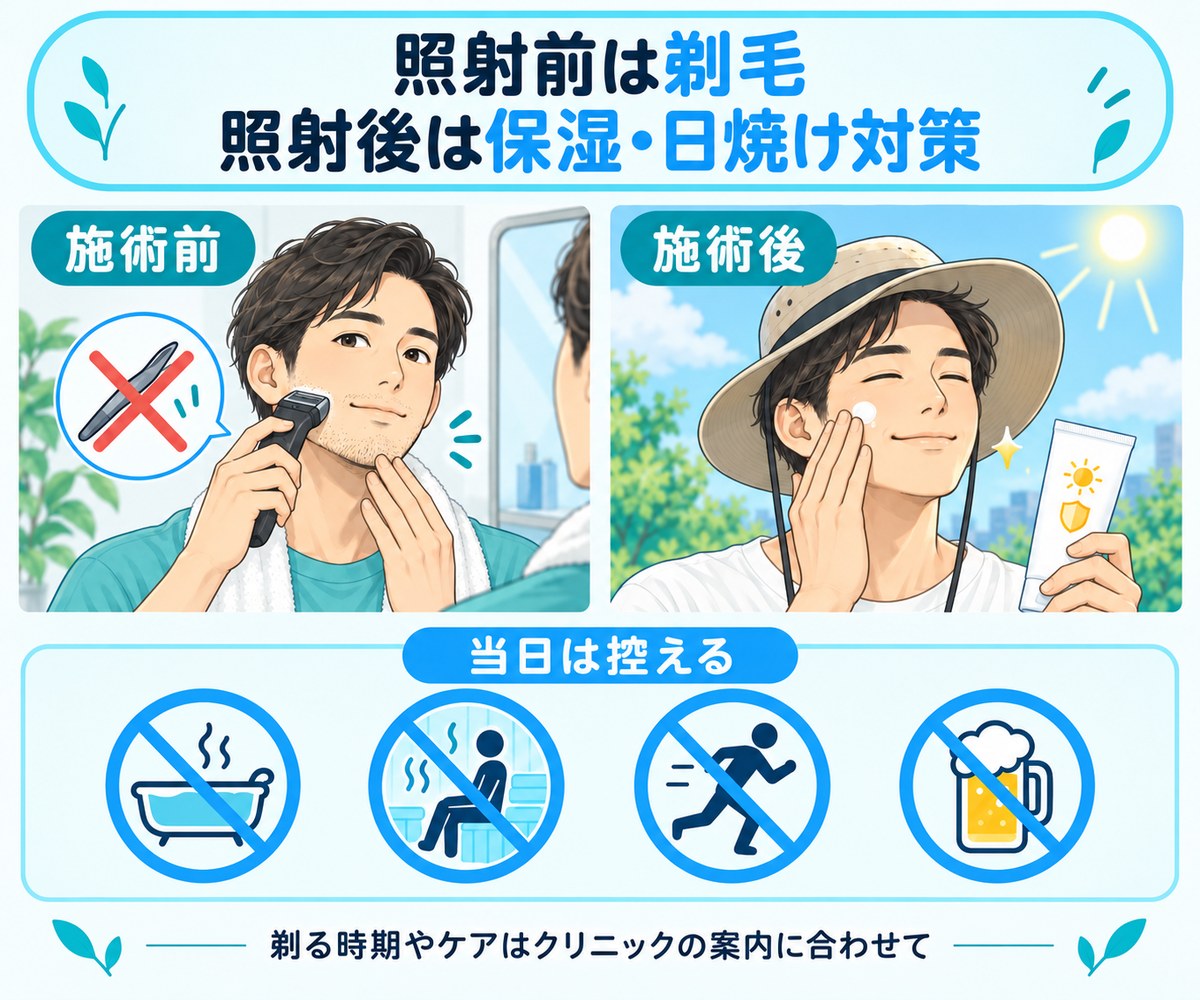 ヒゲ脱毛前の剃毛と施術後の保湿・日焼け対策のイラスト