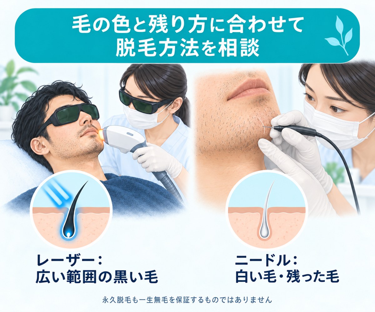 黒い毛へのレーザー脱毛と白い毛・残った毛へのニードル脱毛のイラスト