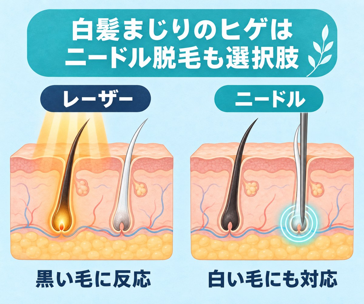 レーザーは黒い毛に反応し、ニードル脱毛は白い毛にも対応することを示す肌の断面図