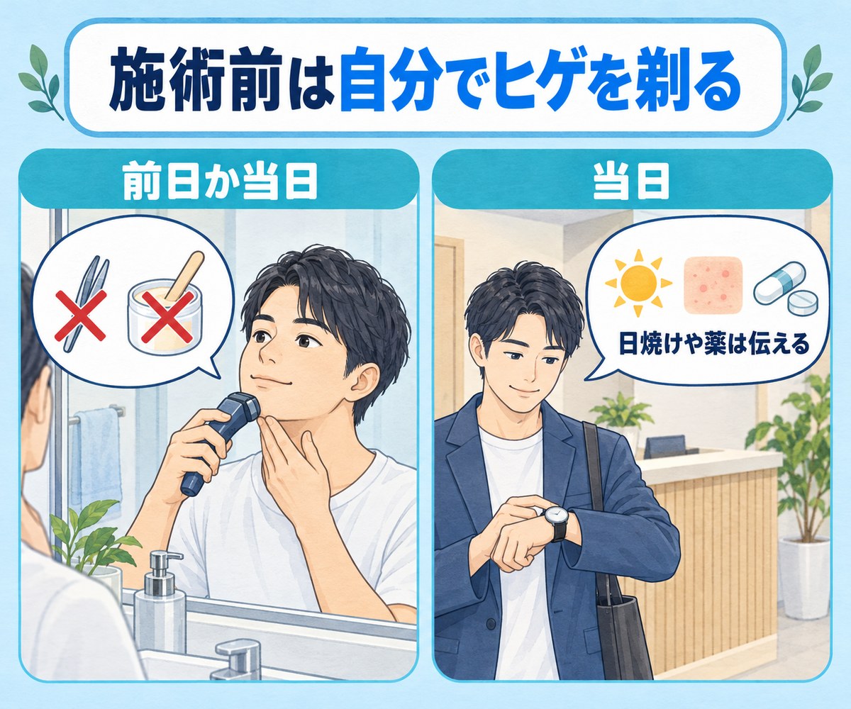 施術の前日か当日に電動シェーバーで剃り、毛抜きやワックスは使わず、当日は日焼けや薬を伝えるイラスト