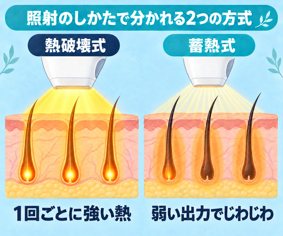 熱破壊式は1回ごとに強い熱で毛根を、蓄熱式は弱い出力で毛の周り全体をじわじわ温める違いを示す肌の断面図