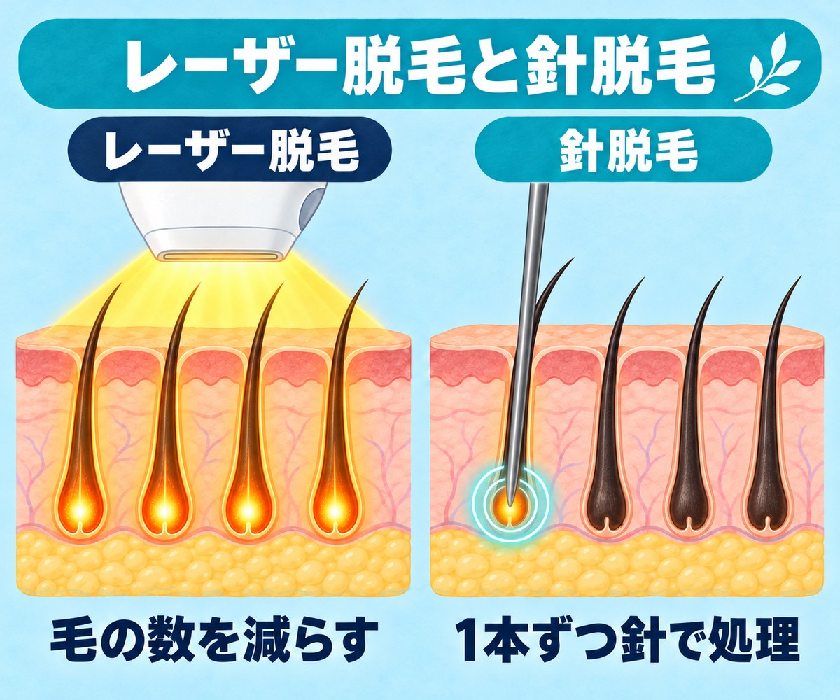 レーザー脱毛は光を複数の毛にまとめて当てて毛の数を減らし、針脱毛は毛穴に針を入れて1本ずつ処理する違いを示す肌の断面図