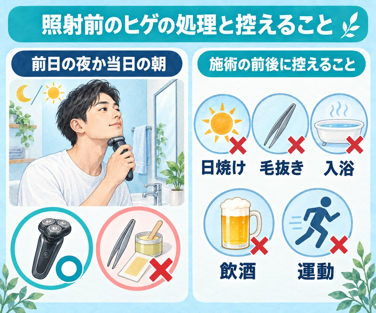 前日の夜か当日の朝に電気シェーバーで剃り、毛抜きやワックスは使わず、施術の前後は日焼け・毛抜き・入浴・飲酒・運動を控えることを示すイラスト